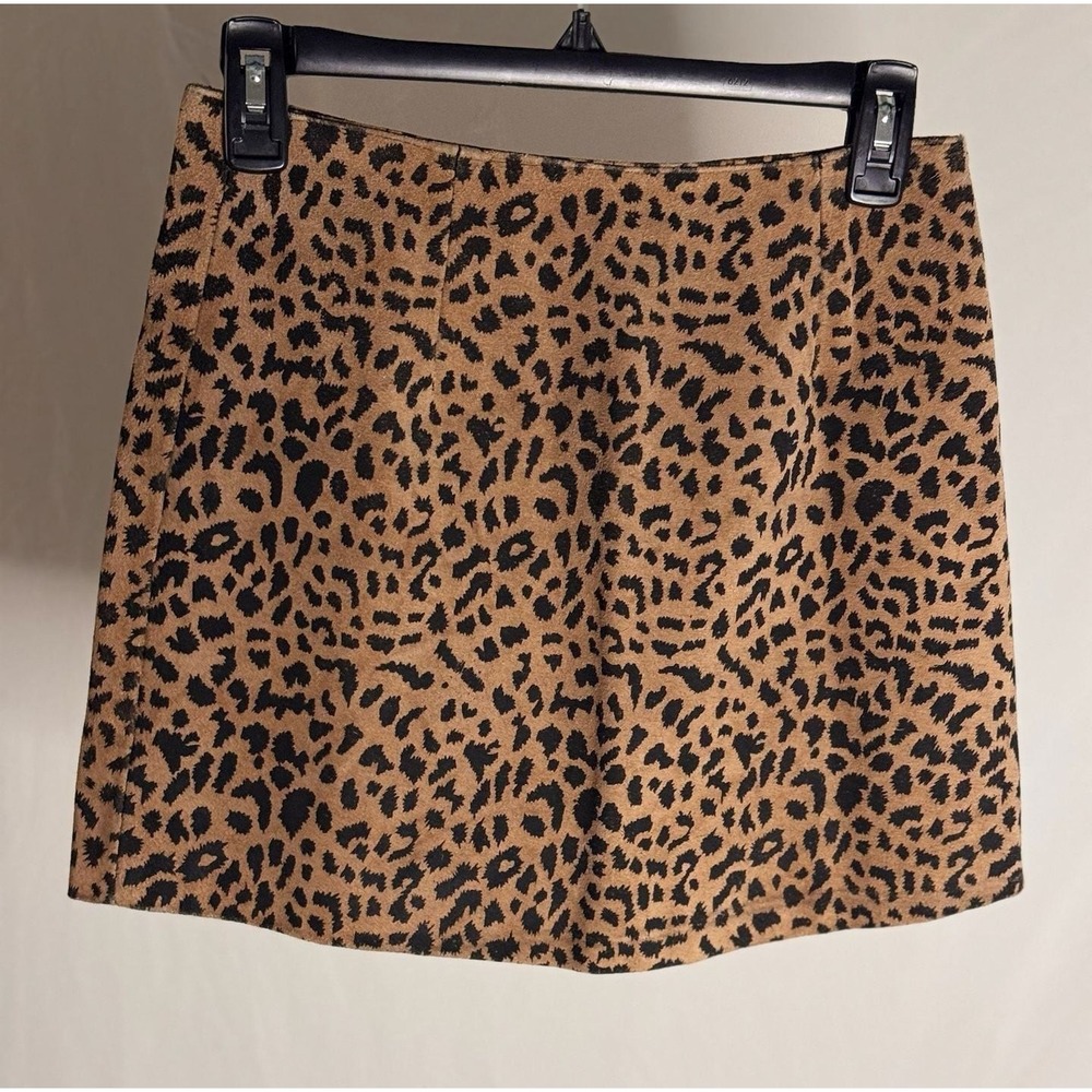 Passport - VTG Leather Mini Skirt Leopard Print A-Line - Brown - M - Womens